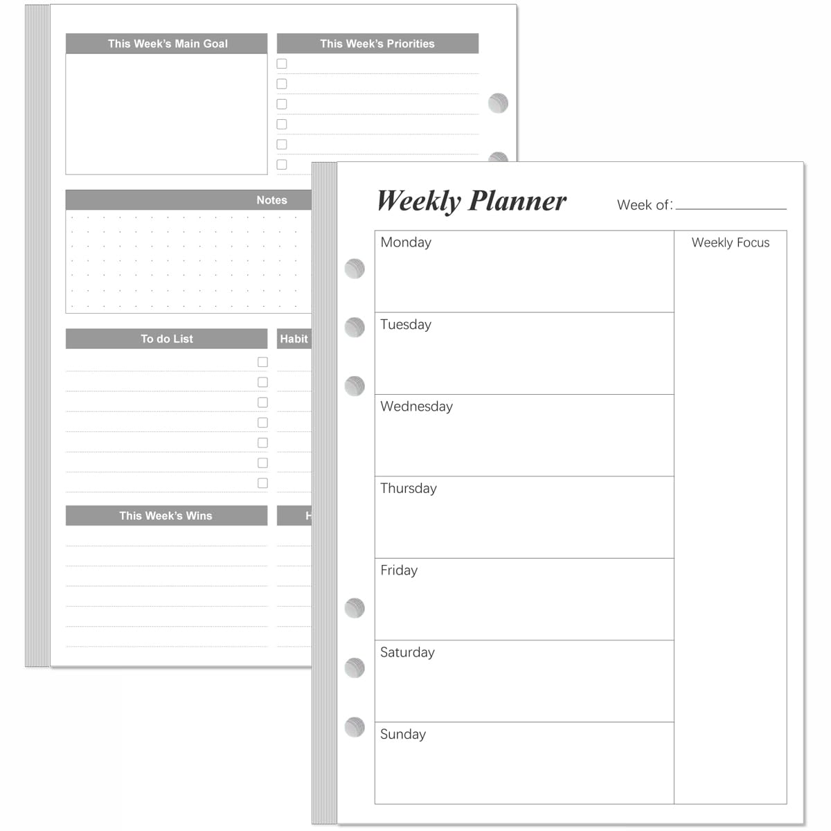 Weekly Planner Undated Refills - Junior Size 53 Sheets/106 Pages Weekly Planner for 8-Disc Discbound, 100 gsm White Paper, Lasts 1 Year, Undated, 5.8" x 8.3", Black