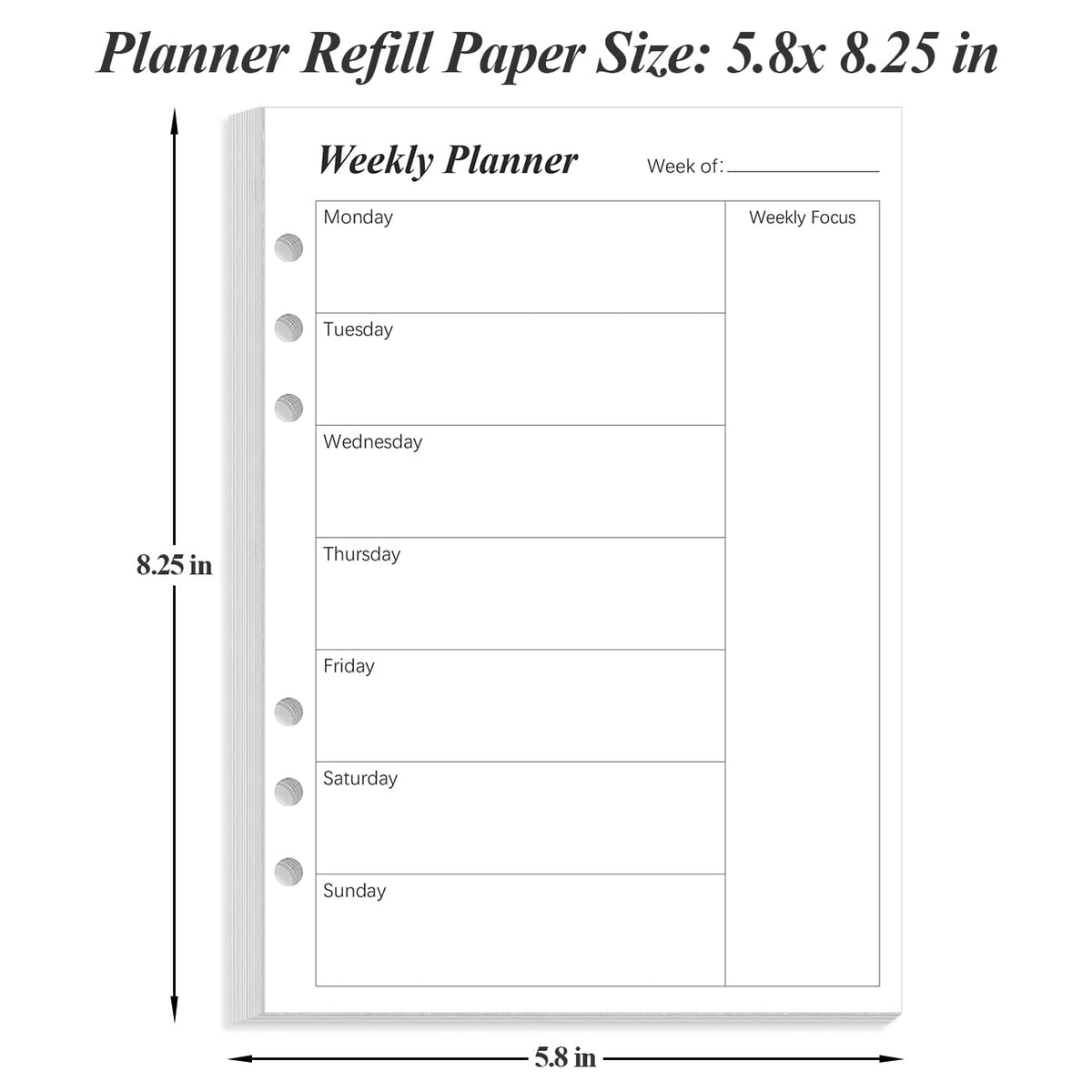 Weekly Planner Undated Refills - Junior Size 53 Sheets/106 Pages Weekly Planner for 8-Disc Discbound, 100 gsm White Paper, Lasts 1 Year, Undated, 5.8" x 8.3", Black