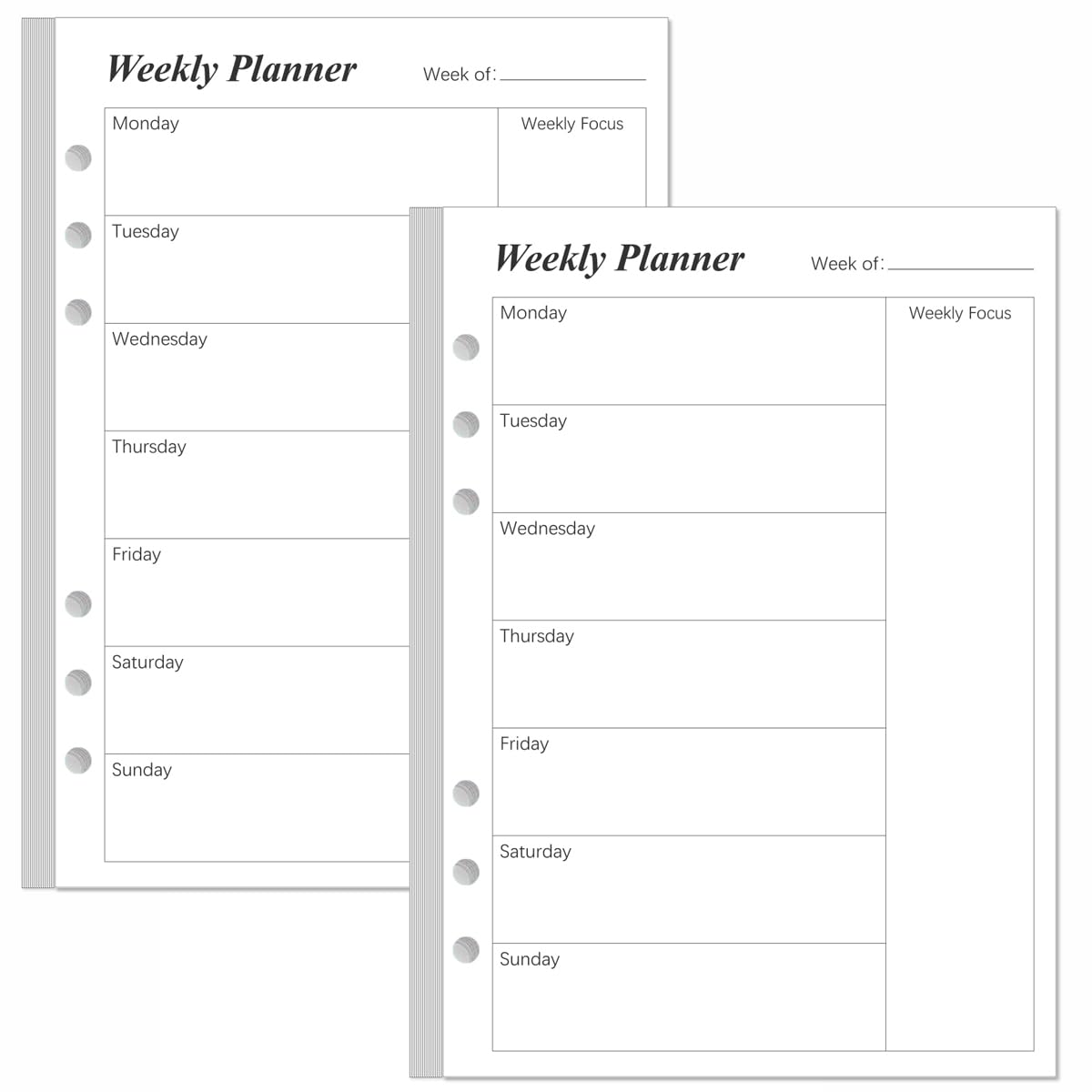 Weekly Planner Undated Refills - Junior Size 53 Sheets/106 Pages Weekly Planner for 8-Disc Discbound, 100 gsm White Paper, Lasts 1 Year, Undated, 5.8" x 8.3", Black