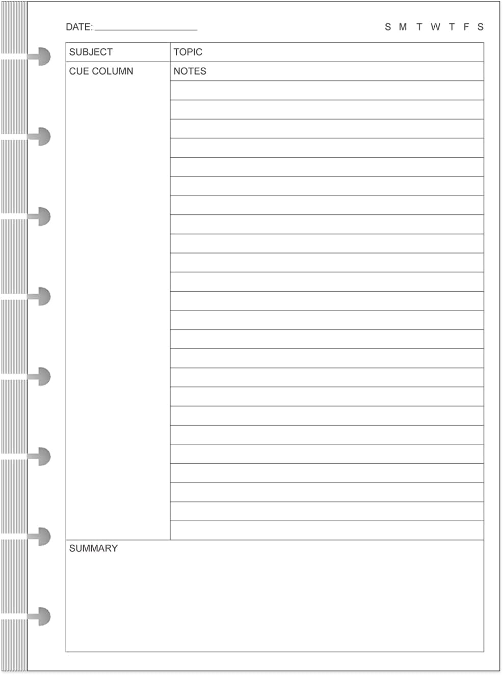 Junior Size Cornell Notes Filler Paper - A5 TUL Custom Note-Taking System 8 Disc Discbound Refill Pages, 50 Sheets/100 Pages, 100 gsm White Paper, 5.8" x 8.3"