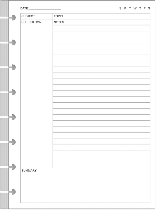 Junior Size Cornell Notes Filler Paper - A5 TUL Custom Note-Taking System 8 Disc Discbound Refill Pages, 50 Sheets/100 Pages, 100 gsm White Paper, 5.8" x 8.3"