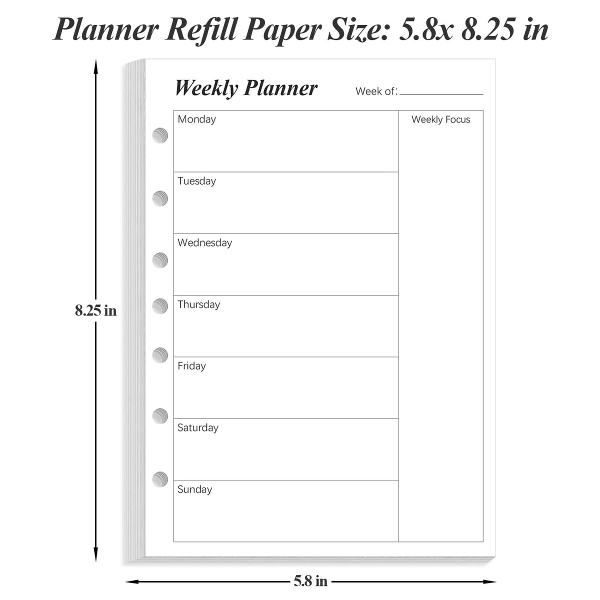Weekly Planner Undated Refills - Junior Size 53 Sheets/106 Pages Weekly Planner for 8-Disc Discbound, 100 gsm White Paper, Lasts 1 Year, Undated, 5.8" x 8.3", Black