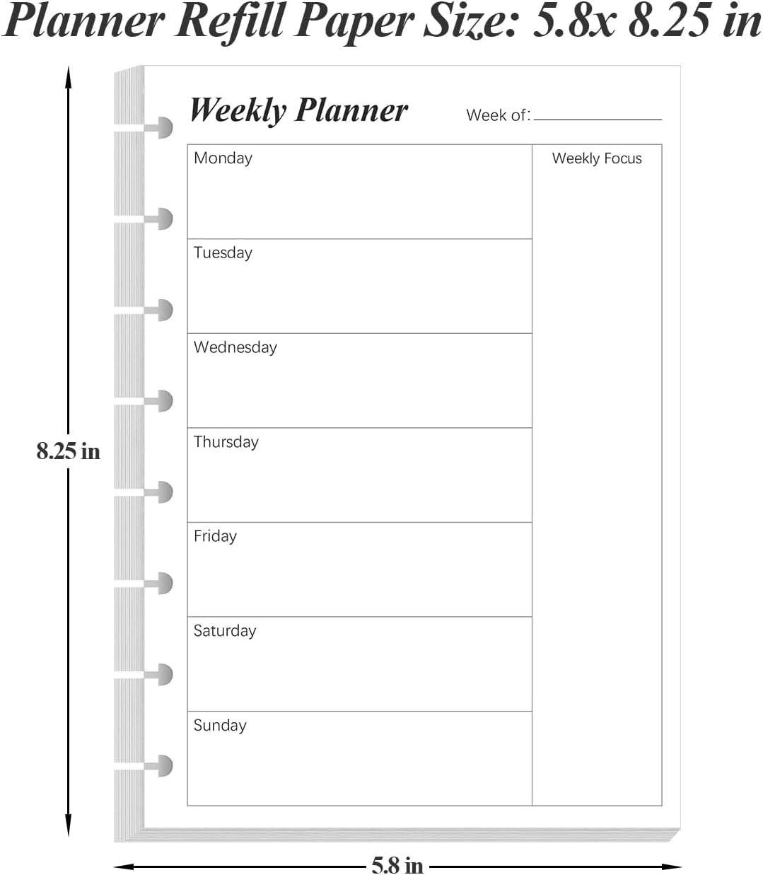 Weekly Planner Undated Refills - Junior Size 53 Sheets/106 Pages Weekly Planner for 8-Disc Discbound, 100 gsm White Paper, Lasts 1 Year, Undated, 5.8" x 8.3", Black