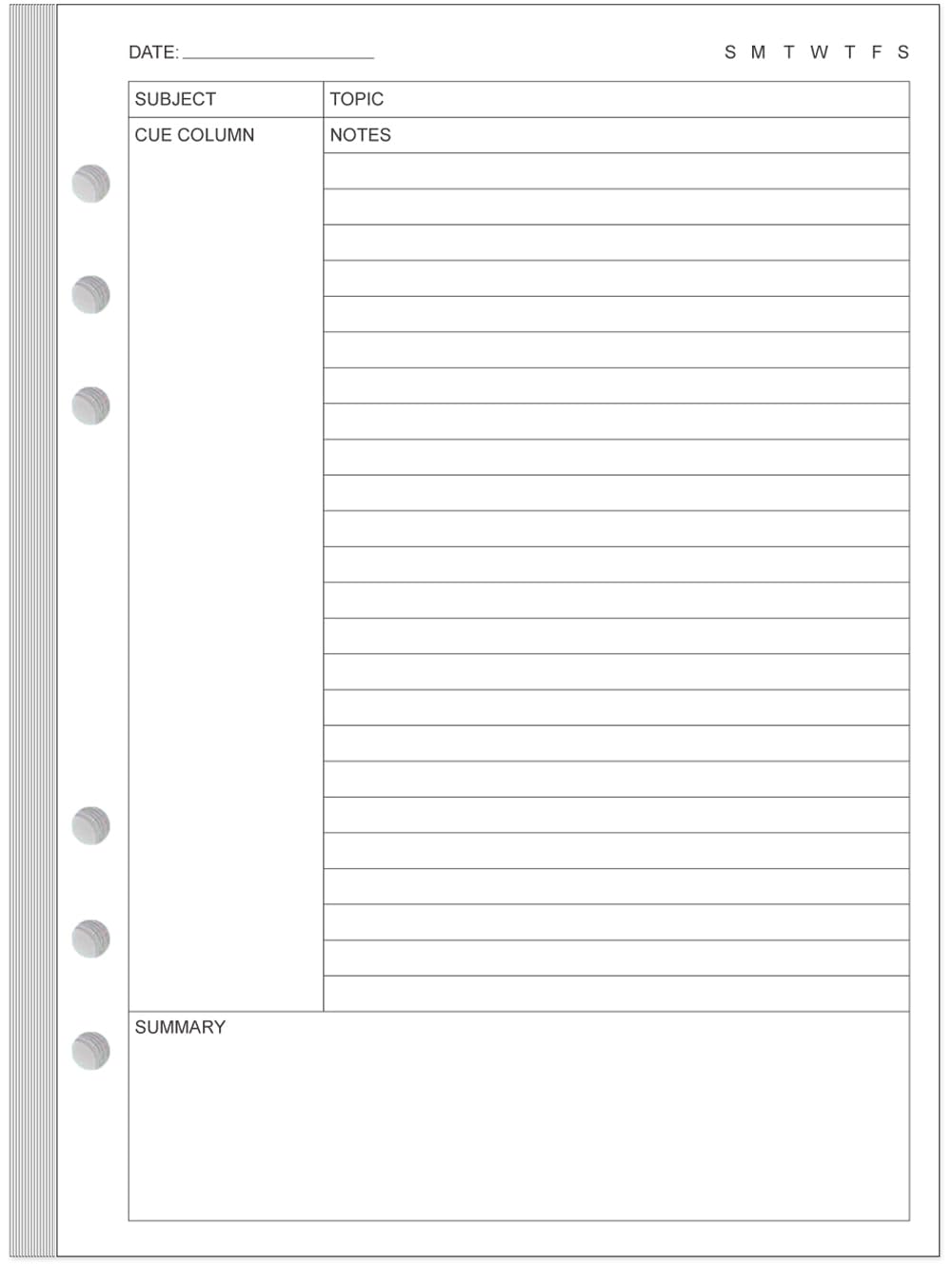 Junior Size Cornell Notes Filler Paper - A5 TUL Custom Note-Taking System 8 Disc Discbound Refill Pages, 50 Sheets/100 Pages, 100 gsm White Paper, 5.8" x 8.3"
