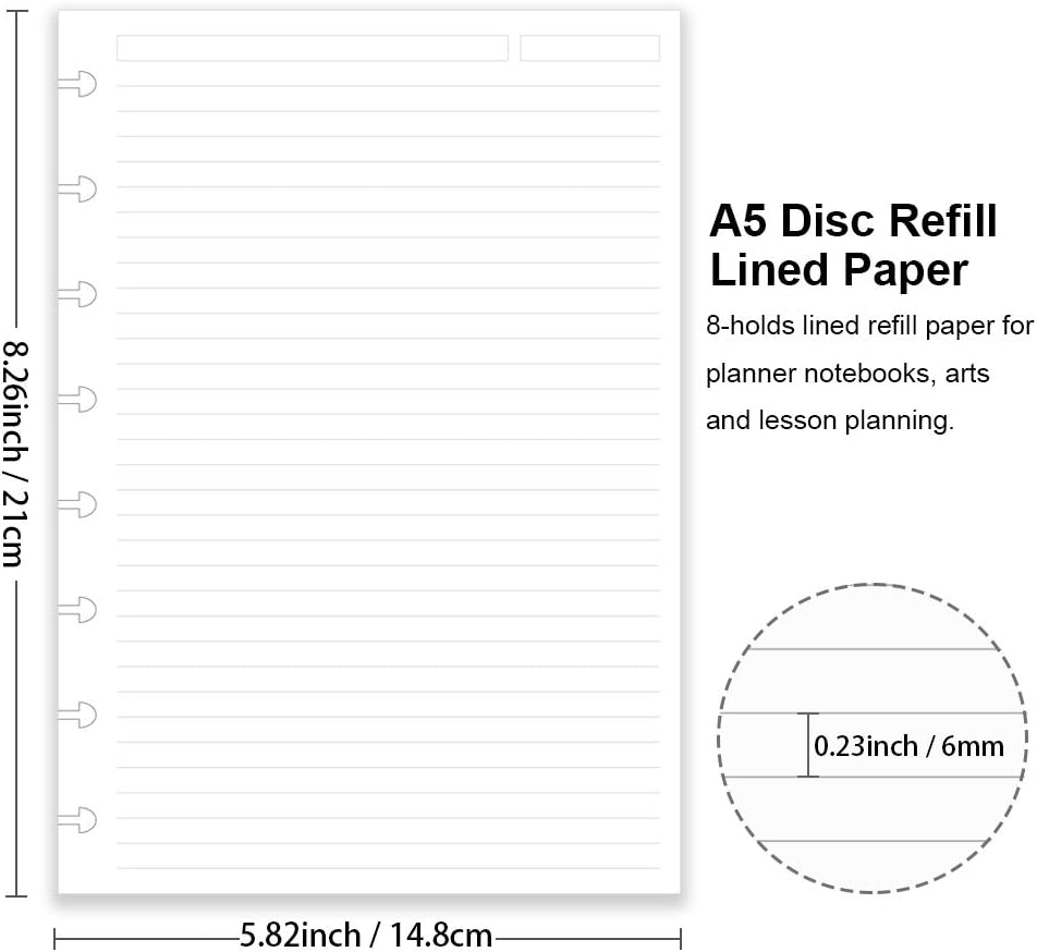 Junior Size Discbound Refill Paper - 8 Discs Discbound Paper, Lined Arc Paper Refill, 100gsm, Disc Paper Refill White Paper, 300 Sheets/600 Pages, 5.8 X 8.25 in