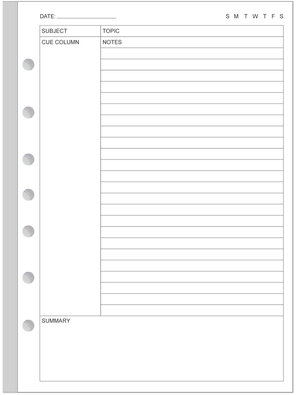 Junior Size Cornell Notes Filler Paper - A5 TUL Custom Note-Taking System 8 Disc Discbound Refill Pages, 50 Sheets/100 Pages, 100 gsm White Paper, 5.8" x 8.3"