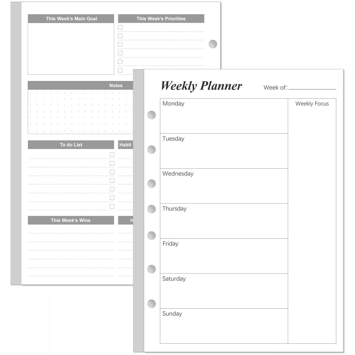 Weekly Planner Undated Refills - Junior Size 53 Sheets/106 Pages Weekly Planner for 8-Disc Discbound, 100 gsm White Paper, Lasts 1 Year, Undated, 5.8" x 8.3", Black