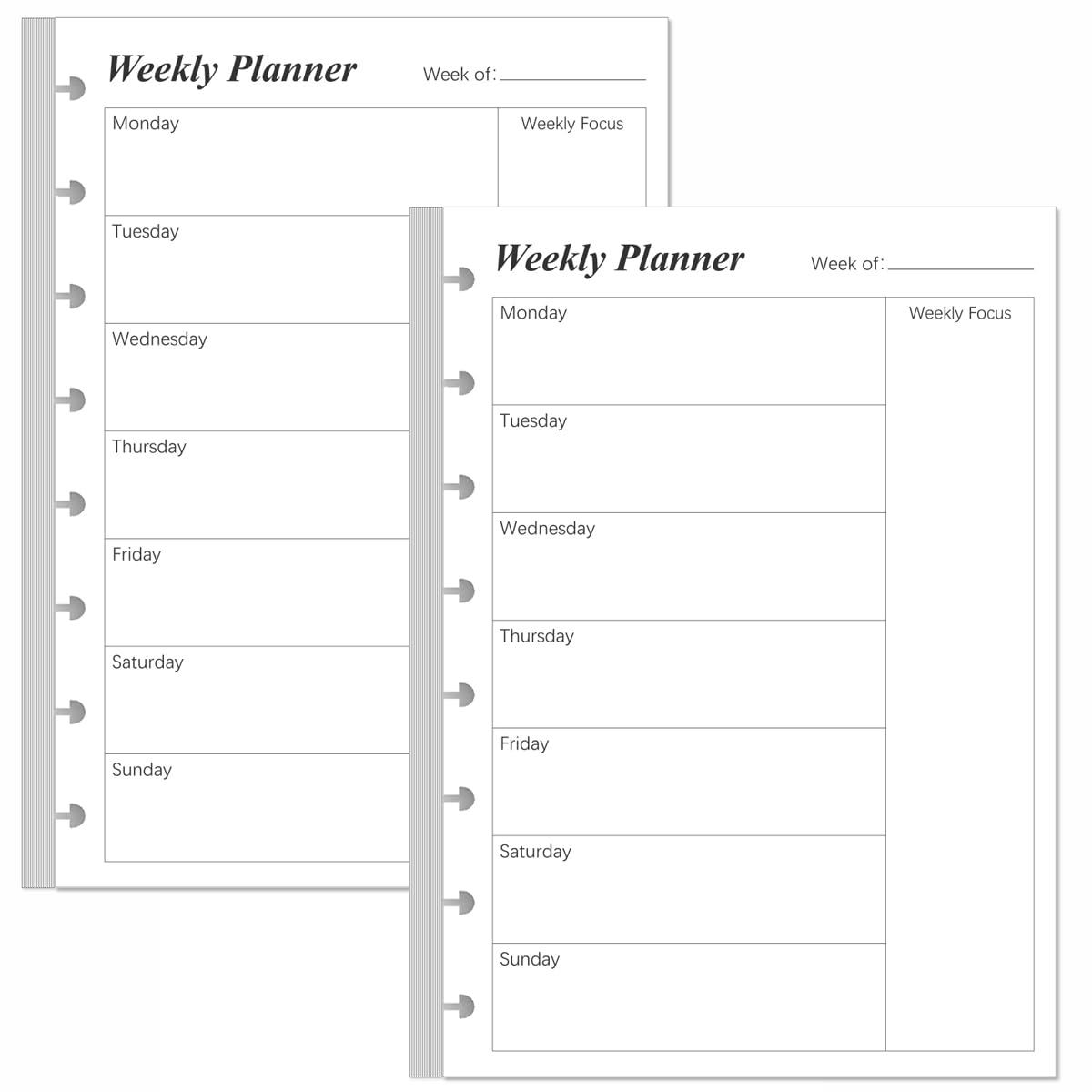 Weekly Planner Undated Refills - Junior Size 53 Sheets/106 Pages Weekly Planner for 8-Disc Discbound, 100 gsm White Paper, Lasts 1 Year, Undated, 5.8" x 8.3", Black