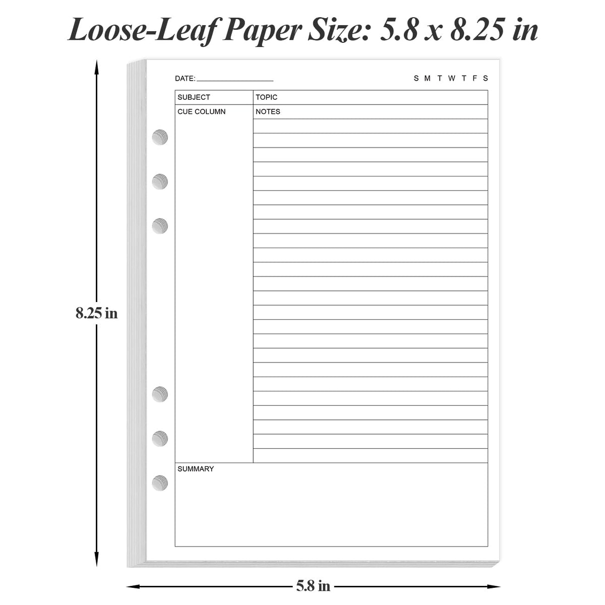 Junior Size Cornell Notes Filler Paper - A5 TUL Custom Note-Taking System 8 Disc Discbound Refill Pages, 50 Sheets/100 Pages, 100 gsm White Paper, 5.8" x 8.3"