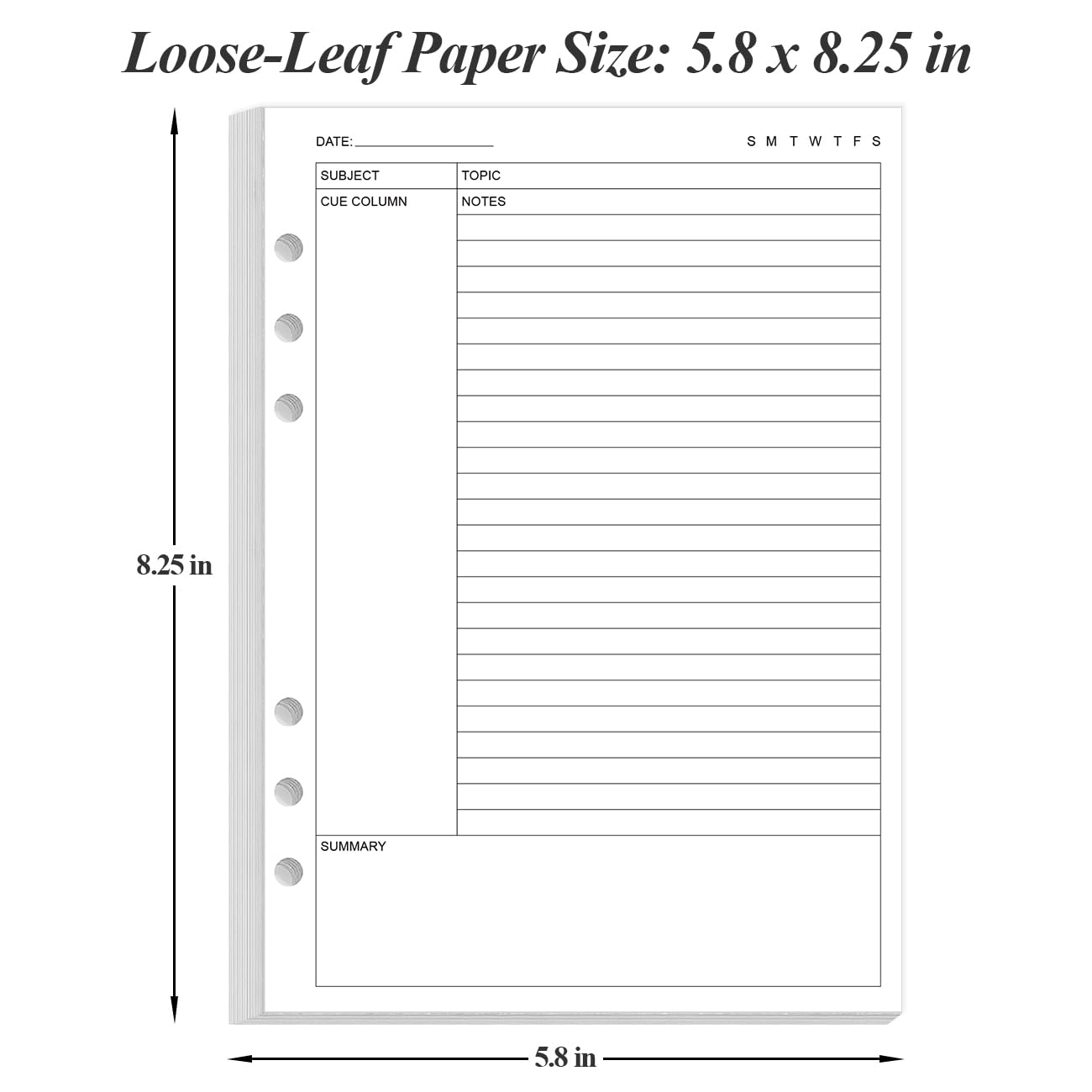 Junior Size Cornell Notes Filler Paper - A5 TUL Custom Note-Taking System 8 Disc Discbound Refill Pages, 50 Sheets/100 Pages, 100 gsm White Paper, 5.8" x 8.3"