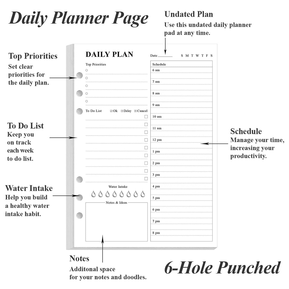 Weekly Planner Undated Refills - Junior Size 53 Sheets/106 Pages Weekly Planner for 8-Disc Discbound, 100 gsm White Paper, Lasts 1 Year, Undated, 5.8" x 8.3", Black