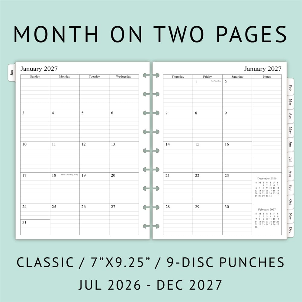 newestor 2026-2027 Monthly Planner Refill for 8-Discbound Notebook, Two Pages Per Month, Aug 2026 to Dec 2027, Junior Size 5-1/2"x8-1/2"
