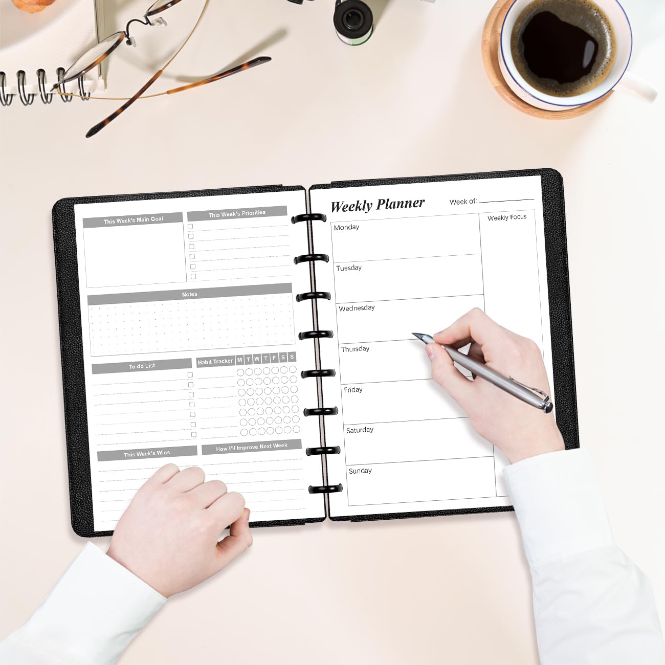 Weekly Planner Undated Refills - Junior Size 53 Sheets/106 Pages Weekly Planner for 8-Disc Discbound, 100 gsm White Paper, Lasts 1 Year, Undated, 5.8" x 8.3", Black