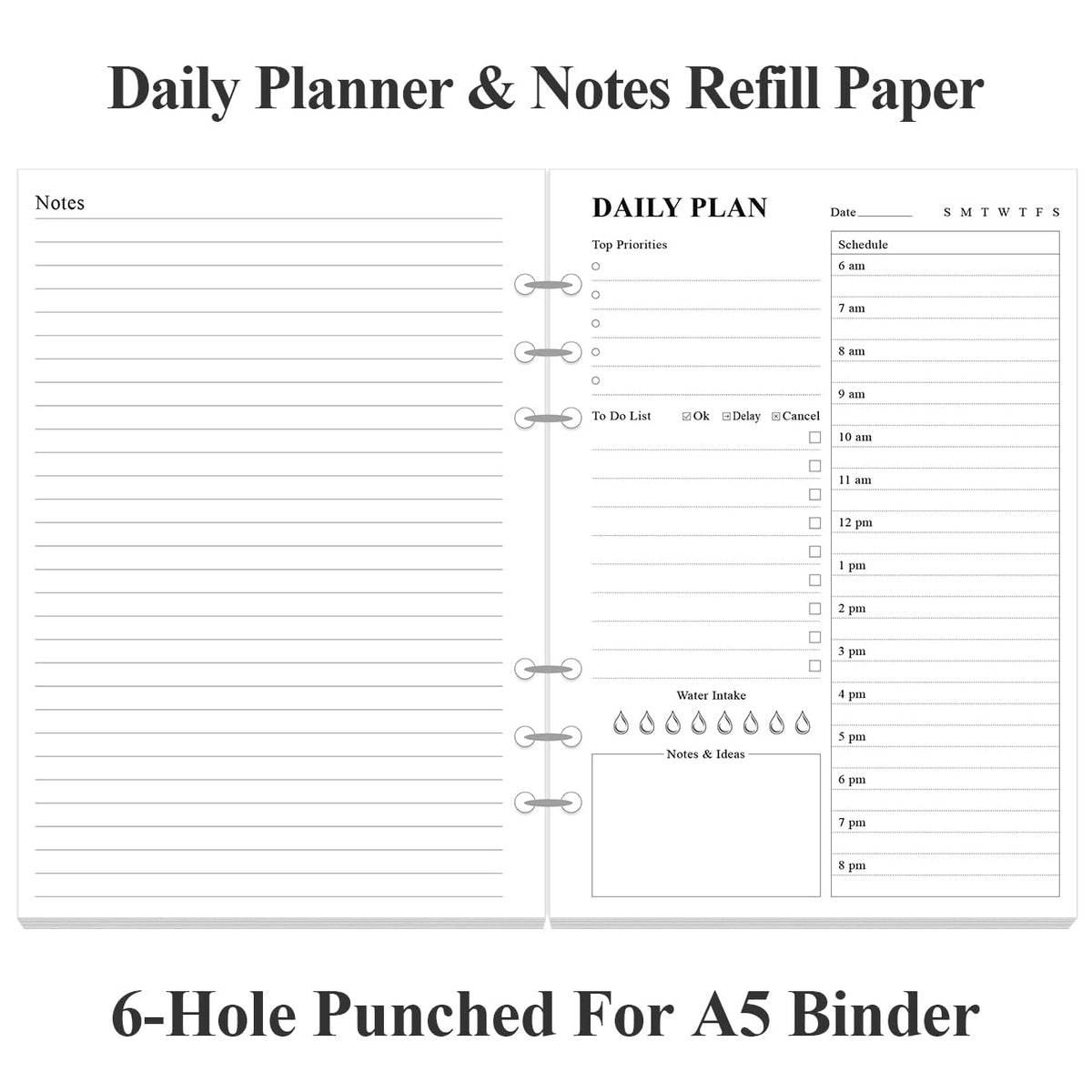 Weekly Planner Undated Refills - Junior Size 53 Sheets/106 Pages Weekly Planner for 8-Disc Discbound, 100 gsm White Paper, Lasts 1 Year, Undated, 5.8" x 8.3", Black