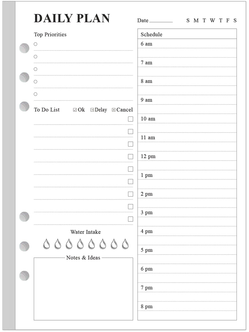 Weekly Planner Undated Refills - Junior Size 53 Sheets/106 Pages Weekly Planner for 8-Disc Discbound, 100 gsm White Paper, Lasts 1 Year, Undated, 5.8" x 8.3", Black