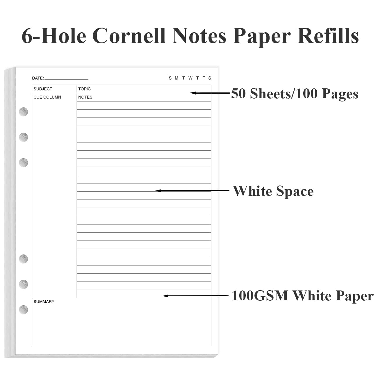 Junior Size Cornell Notes Filler Paper - A5 TUL Custom Note-Taking System 8 Disc Discbound Refill Pages, 50 Sheets/100 Pages, 100 gsm White Paper, 5.8" x 8.3"