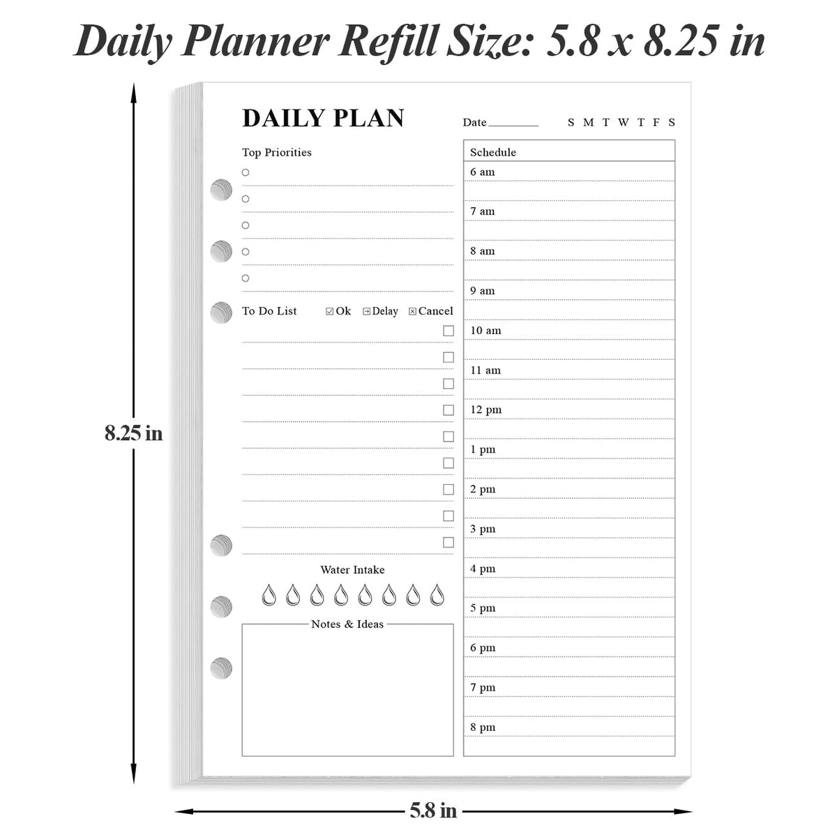 Weekly Planner Undated Refills - Junior Size 53 Sheets/106 Pages Weekly Planner for 8-Disc Discbound, 100 gsm White Paper, Lasts 1 Year, Undated, 5.8" x 8.3", Black