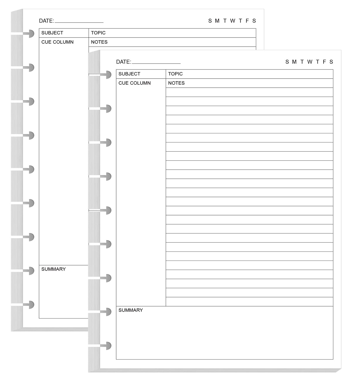 Junior Size Cornell Notes Filler Paper - A5 TUL Custom Note-Taking System 8 Disc Discbound Refill Pages, 50 Sheets/100 Pages, 100 gsm White Paper, 5.8" x 8.3"