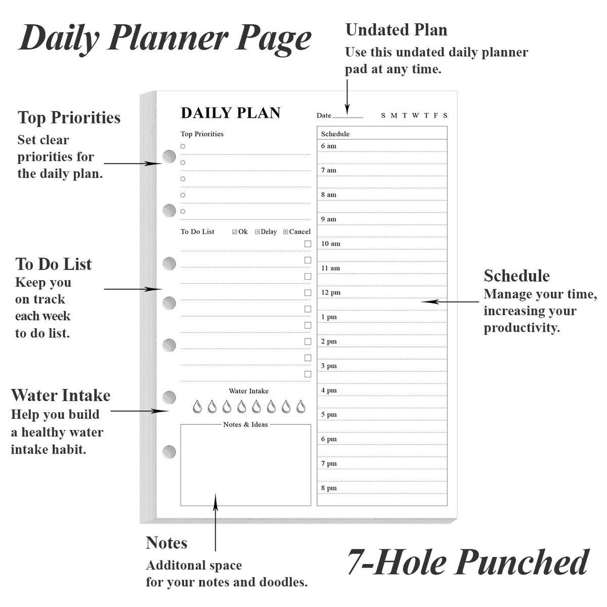 Weekly Planner Undated Refills - Junior Size 53 Sheets/106 Pages Weekly Planner for 8-Disc Discbound, 100 gsm White Paper, Lasts 1 Year, Undated, 5.8" x 8.3", Black