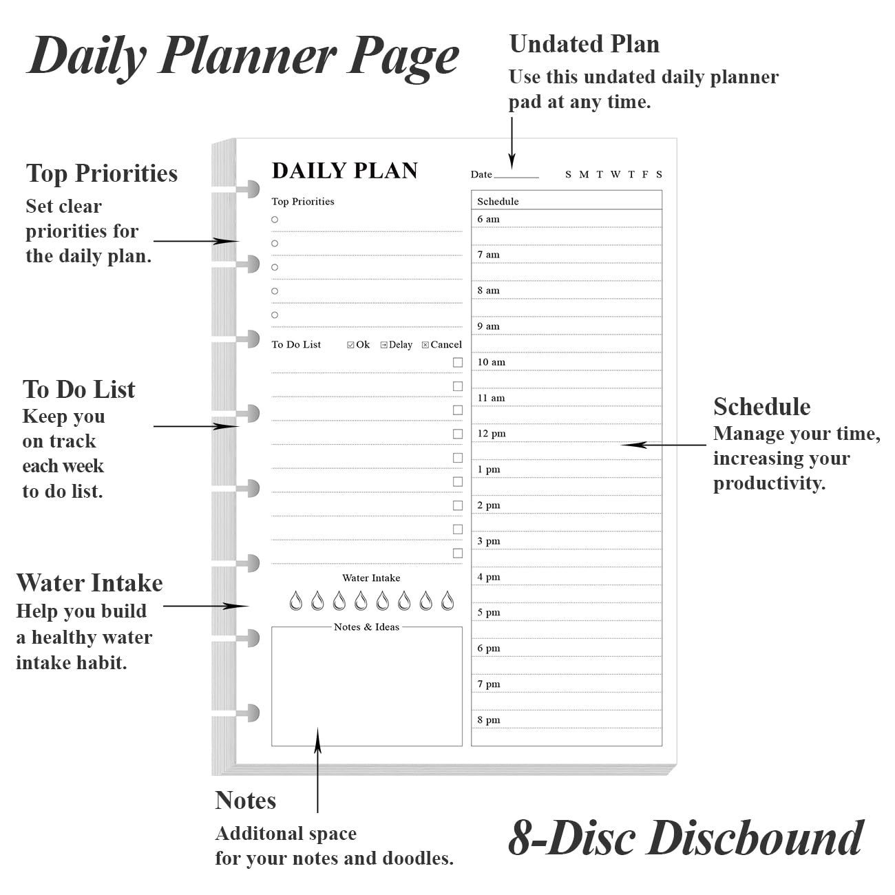 Weekly Planner Undated Refills - Junior Size 53 Sheets/106 Pages Weekly Planner for 8-Disc Discbound, 100 gsm White Paper, Lasts 1 Year, Undated, 5.8" x 8.3", Black