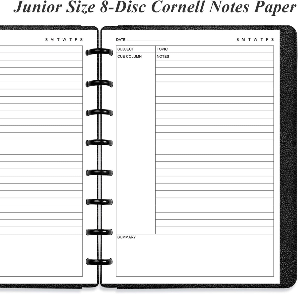 Junior Size Cornell Notes Filler Paper - A5 TUL Custom Note-Taking System 8 Disc Discbound Refill Pages, 50 Sheets/100 Pages, 100 gsm White Paper, 5.8" x 8.3"