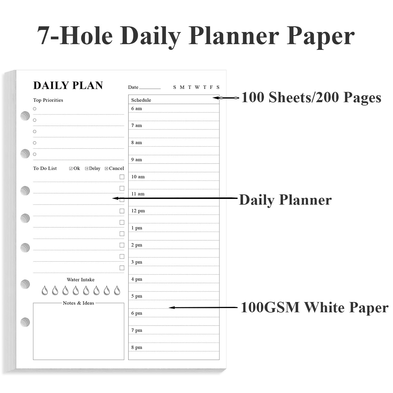 Weekly Planner Undated Refills - Junior Size 53 Sheets/106 Pages Weekly Planner for 8-Disc Discbound, 100 gsm White Paper, Lasts 1 Year, Undated, 5.8" x 8.3", Black