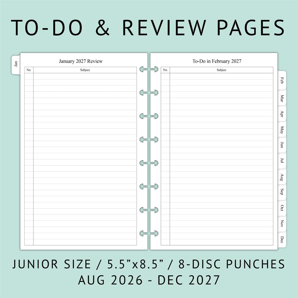 newestor 2026-2027 Monthly Planner Refill for 8-Discbound Notebook, Two Pages Per Month, Aug 2026 to Dec 2027, Junior Size 5-1/2"x8-1/2"
