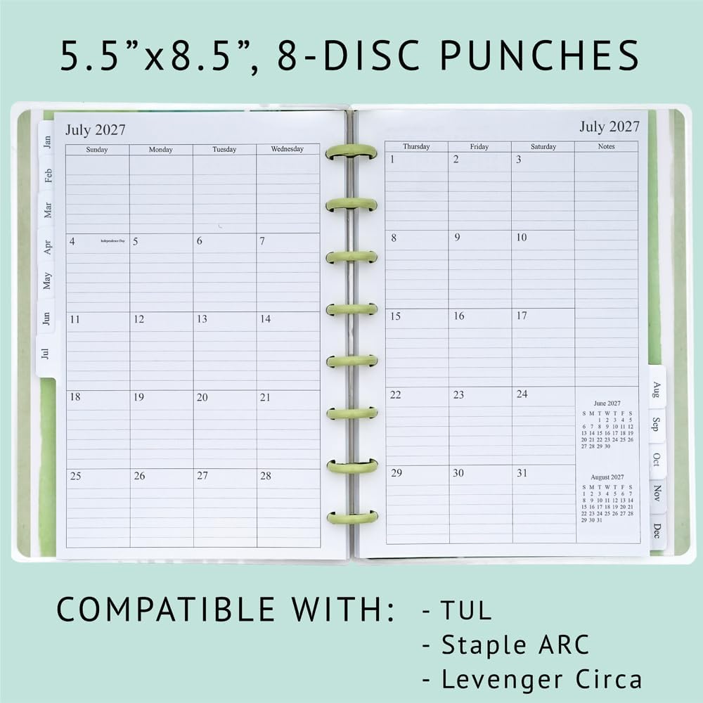 newestor 2026-2027 Monthly Planner Refill for 8-Discbound Notebook, Two Pages Per Month, Aug 2026 to Dec 2027, Junior Size 5-1/2"x8-1/2"