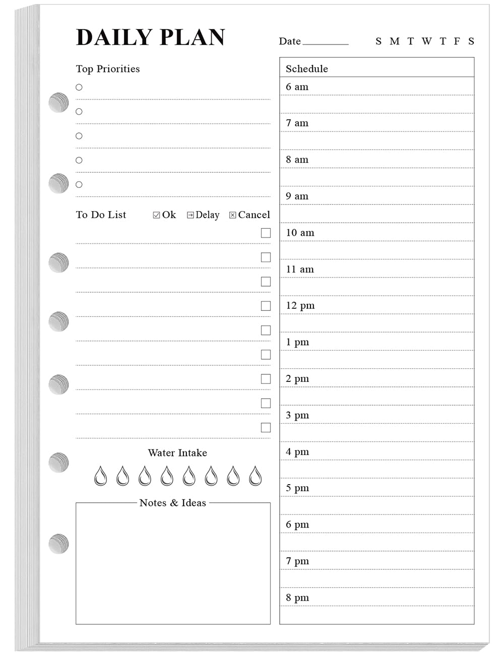 Weekly Planner Undated Refills - Junior Size 53 Sheets/106 Pages Weekly Planner for 8-Disc Discbound, 100 gsm White Paper, Lasts 1 Year, Undated, 5.8" x 8.3", Black