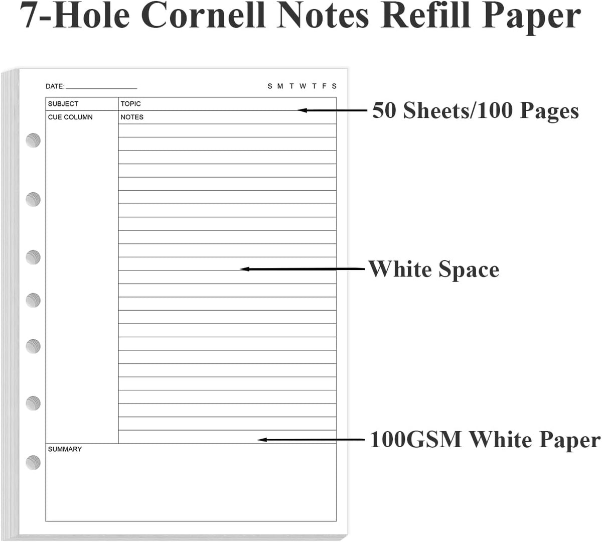 Junior Size Cornell Notes Filler Paper - A5 TUL Custom Note-Taking System 8 Disc Discbound Refill Pages, 50 Sheets/100 Pages, 100 gsm White Paper, 5.8" x 8.3"