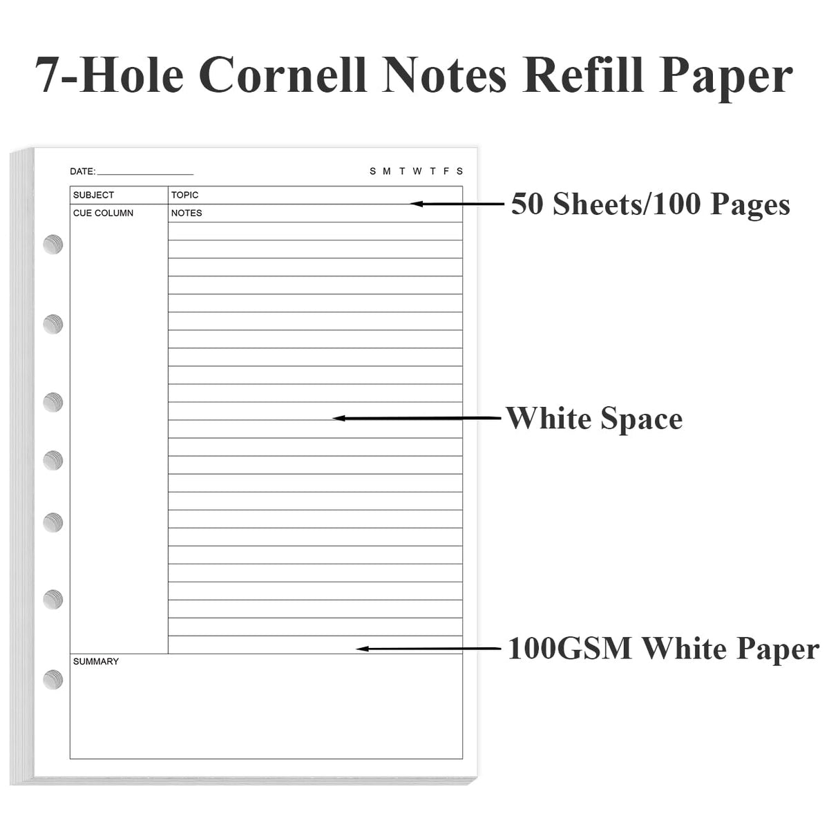 Junior Size Cornell Notes Filler Paper - A5 TUL Custom Note-Taking System 8 Disc Discbound Refill Pages, 50 Sheets/100 Pages, 100 gsm White Paper, 5.8" x 8.3"
