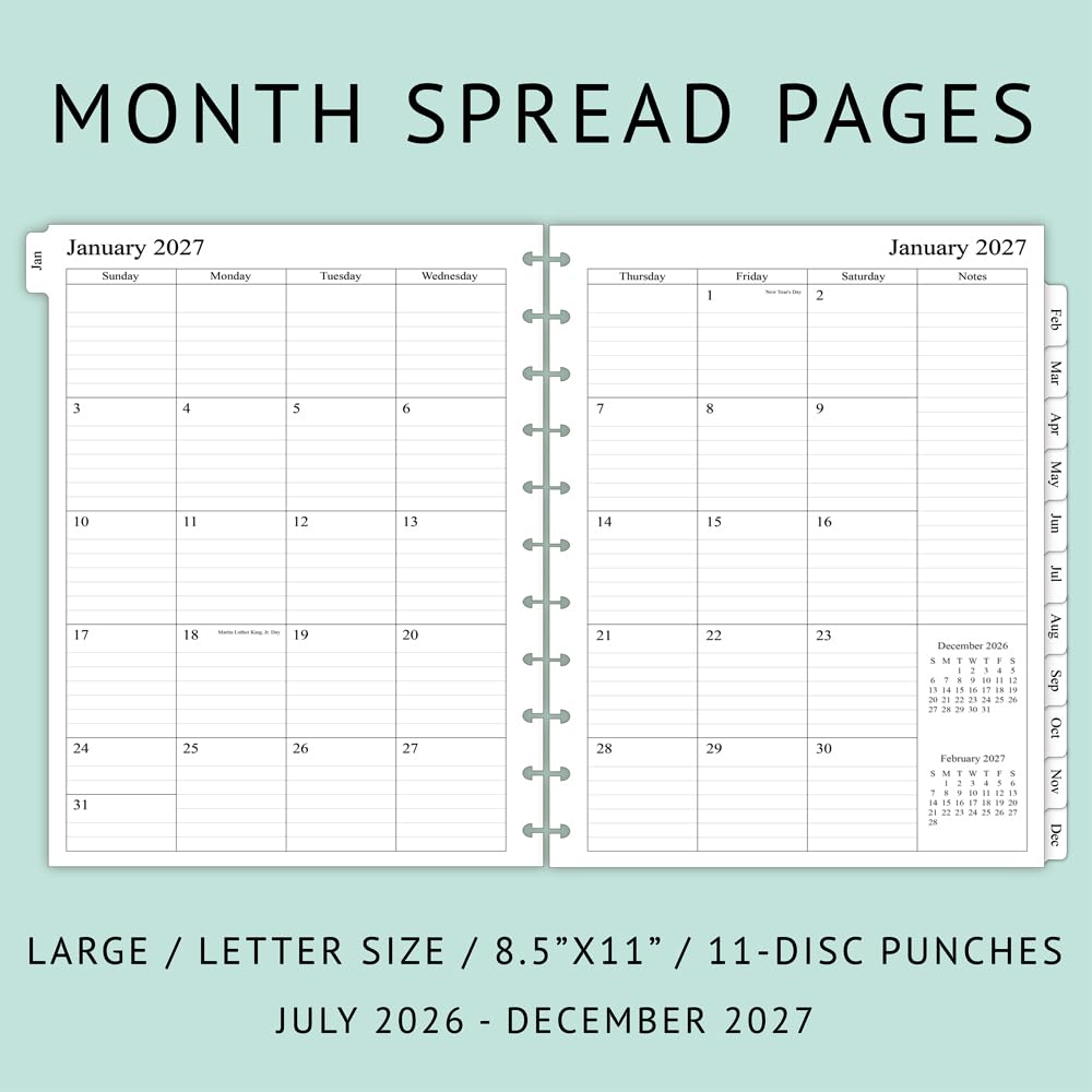 newestor 2026-2027 Monthly Planner Refill for 8-Discbound Notebook, Two Pages Per Month, Aug 2026 to Dec 2027, Junior Size 5-1/2"x8-1/2"
