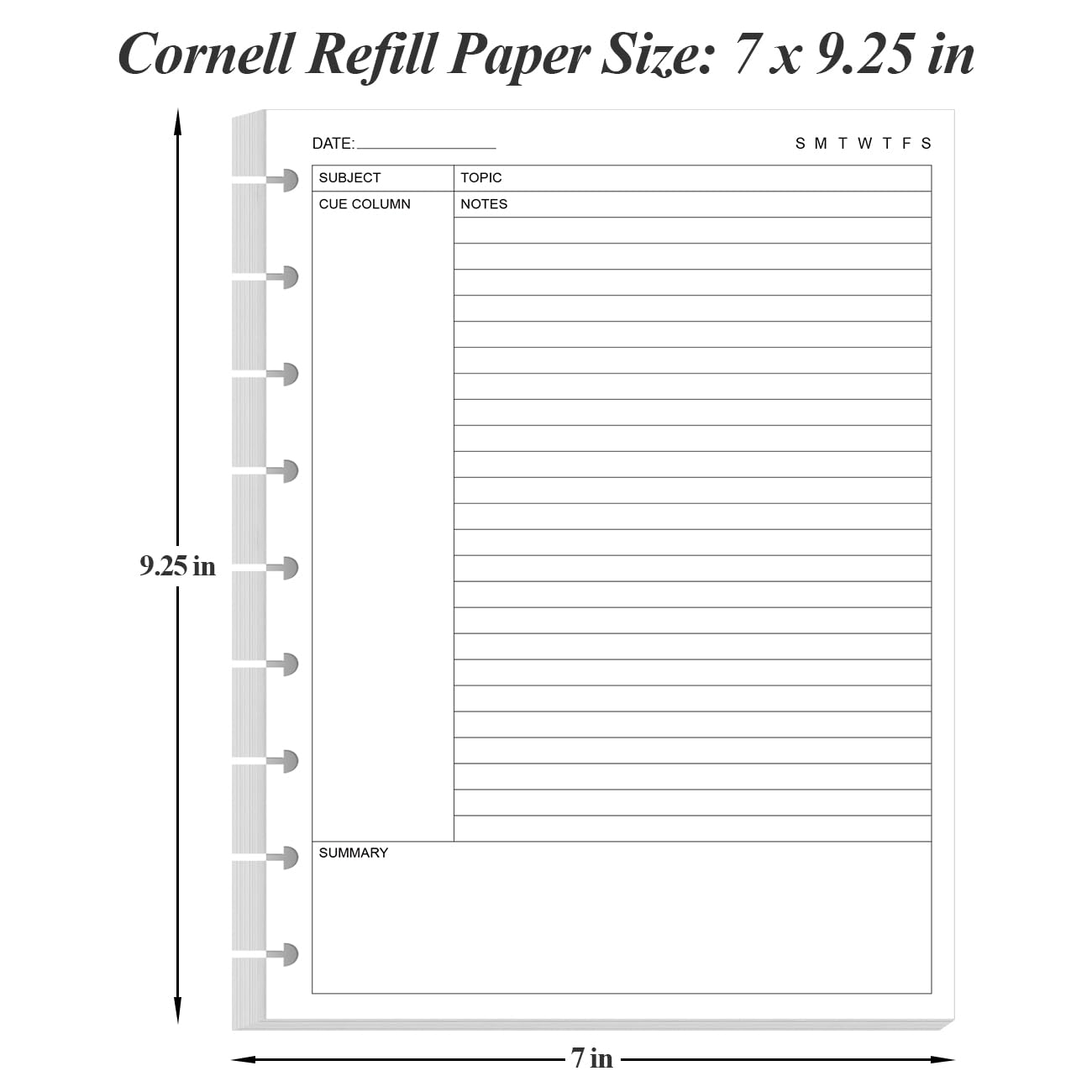 Junior Size Cornell Notes Filler Paper - A5 TUL Custom Note-Taking System 8 Disc Discbound Refill Pages, 50 Sheets/100 Pages, 100 gsm White Paper, 5.8" x 8.3"