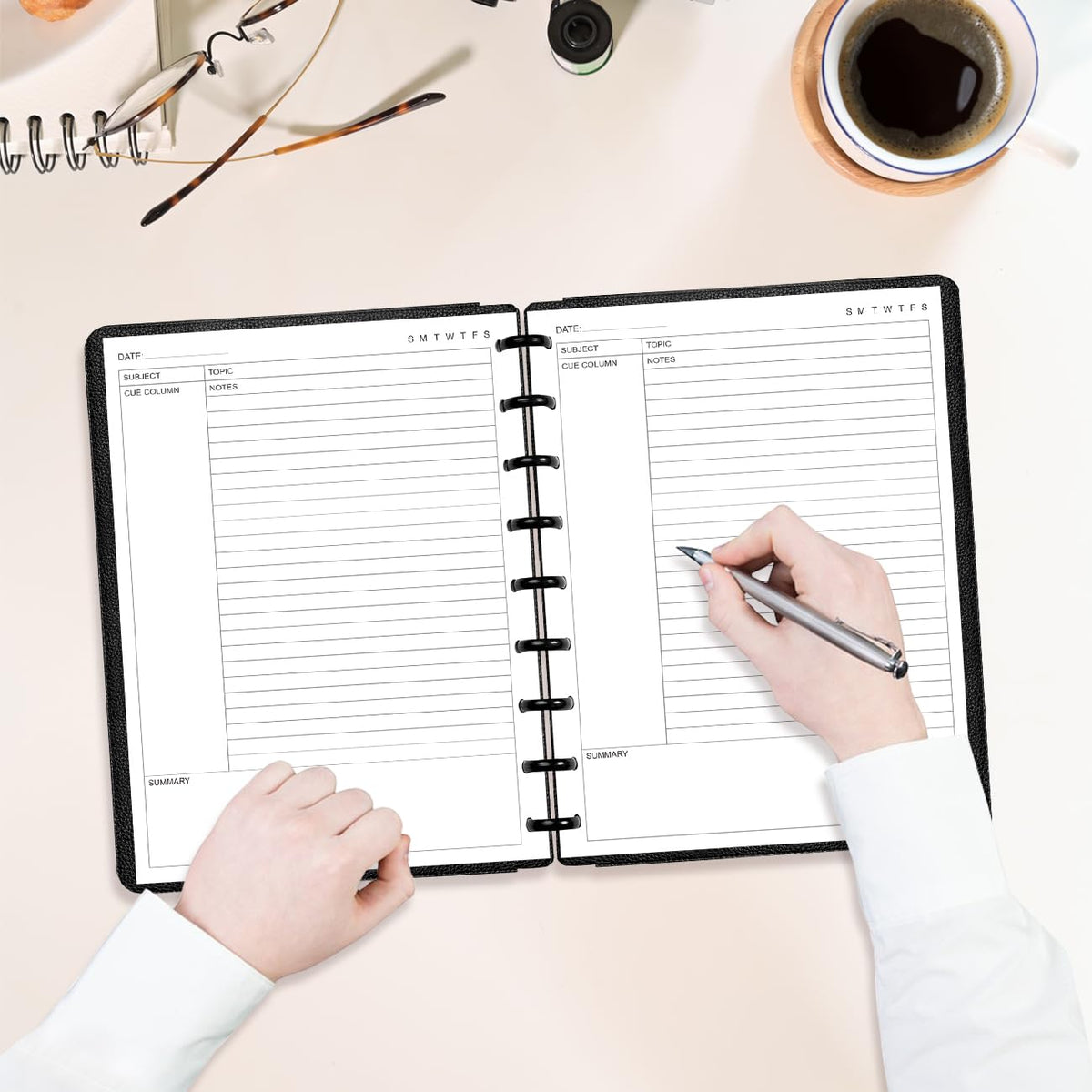 Junior Size Cornell Notes Filler Paper - A5 TUL Custom Note-Taking System 8 Disc Discbound Refill Pages, 50 Sheets/100 Pages, 100 gsm White Paper, 5.8" x 8.3"