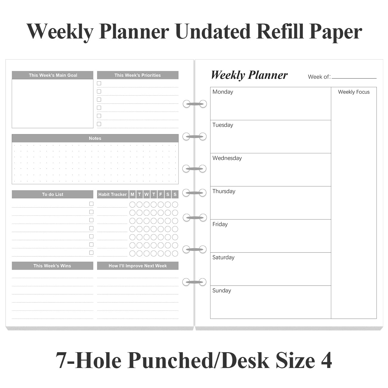 Weekly Planner Undated Refills - Junior Size 53 Sheets/106 Pages Weekly Planner for 8-Disc Discbound, 100 gsm White Paper, Lasts 1 Year, Undated, 5.8" x 8.3", Black