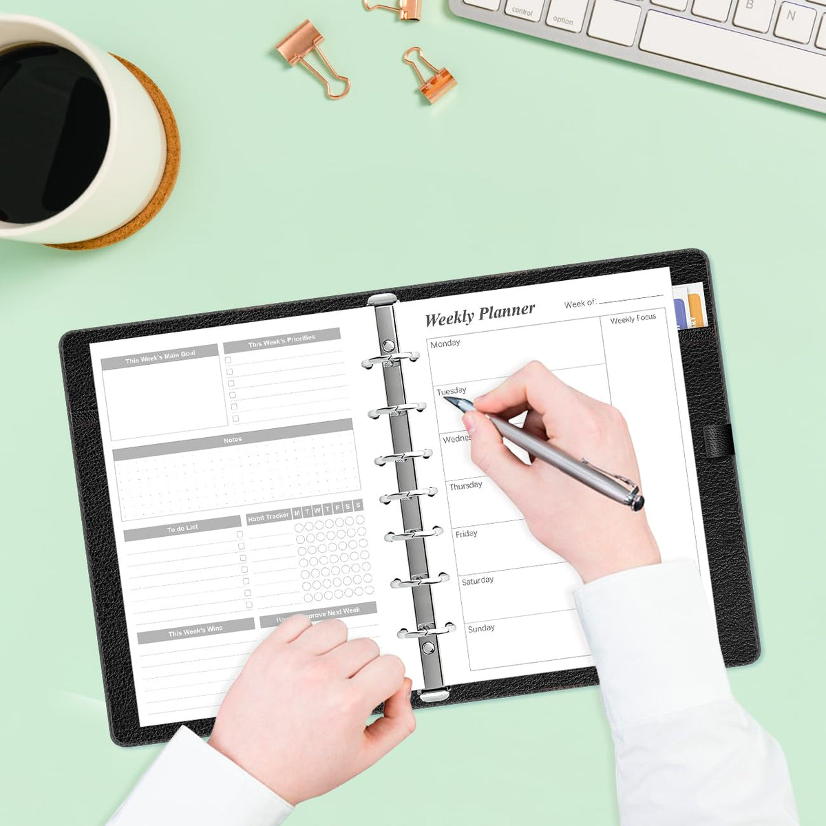 Weekly Planner Undated Refills - Junior Size 53 Sheets/106 Pages Weekly Planner for 8-Disc Discbound, 100 gsm White Paper, Lasts 1 Year, Undated, 5.8" x 8.3", Black