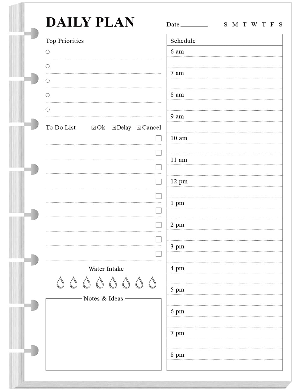 Weekly Planner Undated Refills - Junior Size 53 Sheets/106 Pages Weekly Planner for 8-Disc Discbound, 100 gsm White Paper, Lasts 1 Year, Undated, 5.8" x 8.3", Black
