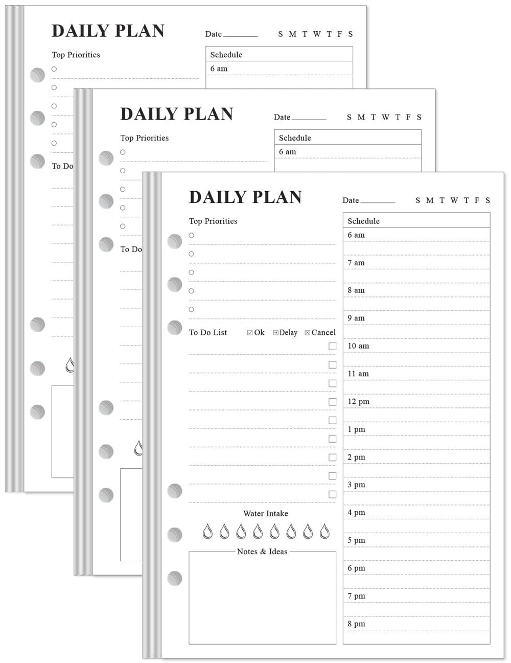 Weekly Planner Undated Refills - Junior Size 53 Sheets/106 Pages Weekly Planner for 8-Disc Discbound, 100 gsm White Paper, Lasts 1 Year, Undated, 5.8" x 8.3", Black