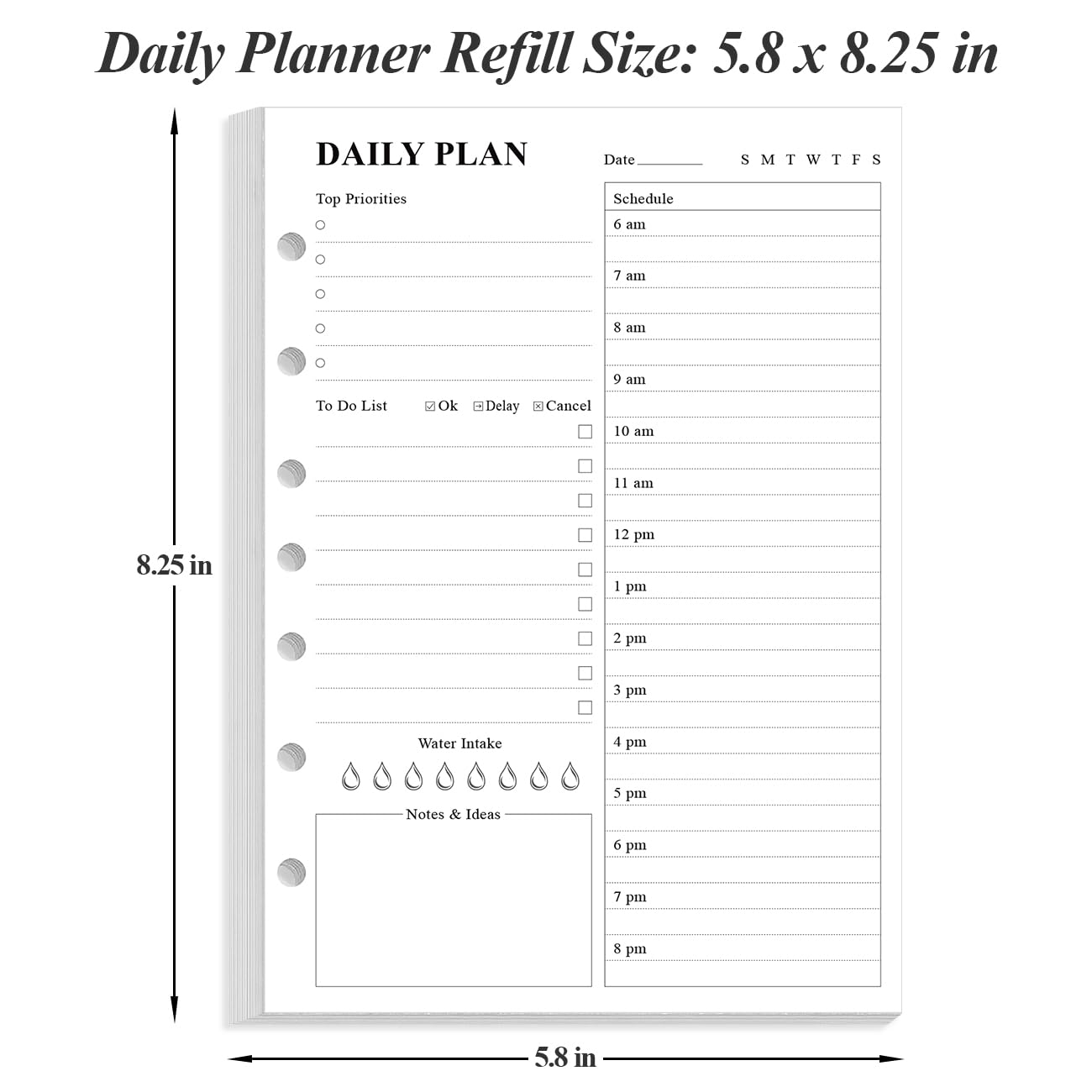 Weekly Planner Undated Refills - Junior Size 53 Sheets/106 Pages Weekly Planner for 8-Disc Discbound, 100 gsm White Paper, Lasts 1 Year, Undated, 5.8" x 8.3", Black
