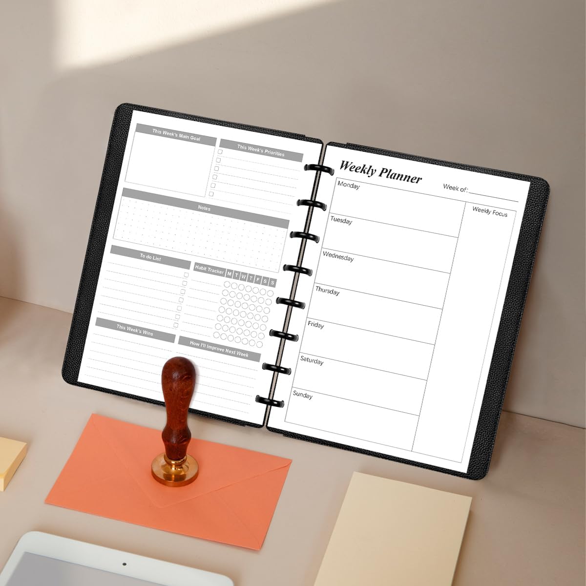 Weekly Planner Undated Refills - Junior Size 53 Sheets/106 Pages Weekly Planner for 8-Disc Discbound, 100 gsm White Paper, Lasts 1 Year, Undated, 5.8" x 8.3", Black