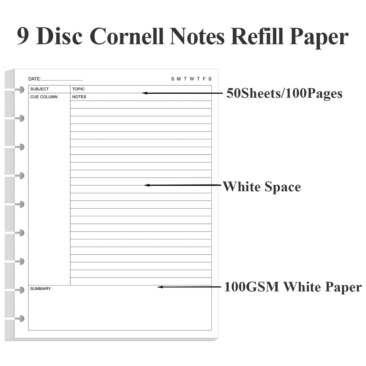Junior Size Cornell Notes Filler Paper - A5 TUL Custom Note-Taking System 8 Disc Discbound Refill Pages, 50 Sheets/100 Pages, 100 gsm White Paper, 5.8" x 8.3"