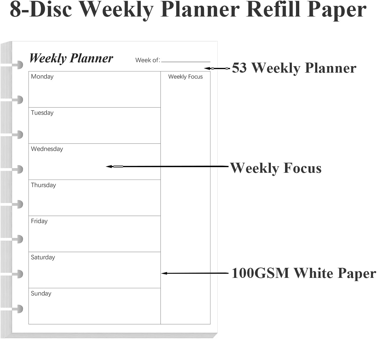 Weekly Planner Undated Refills - Junior Size 53 Sheets/106 Pages Weekly Planner for 8-Disc Discbound, 100 gsm White Paper, Lasts 1 Year, Undated, 5.8" x 8.3", Black