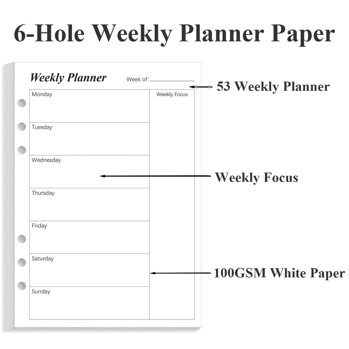 Weekly Planner Undated Refills - Junior Size 53 Sheets/106 Pages Weekly Planner for 8-Disc Discbound, 100 gsm White Paper, Lasts 1 Year, Undated, 5.8" x 8.3", Black