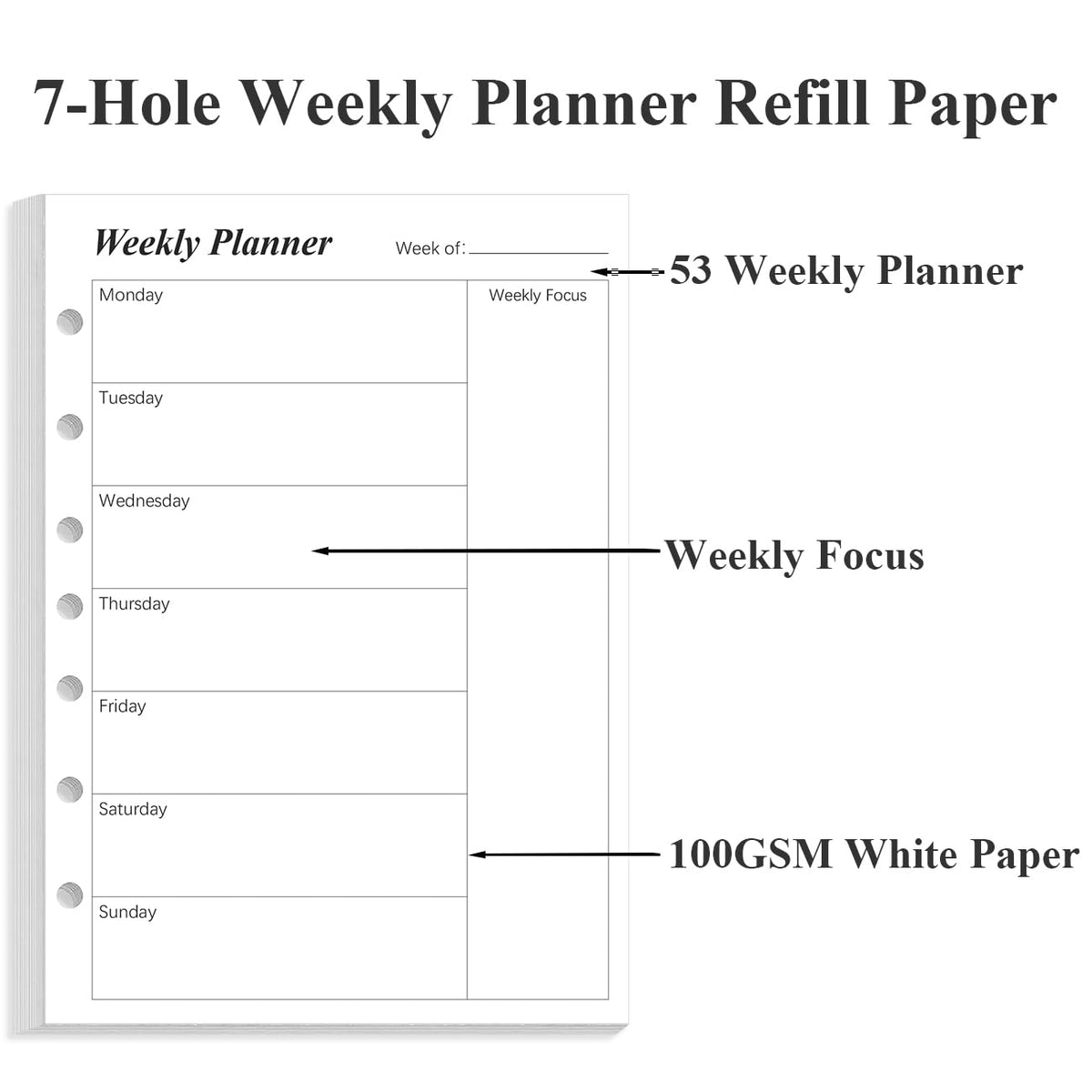 Weekly Planner Undated Refills - Junior Size 53 Sheets/106 Pages Weekly Planner for 8-Disc Discbound, 100 gsm White Paper, Lasts 1 Year, Undated, 5.8" x 8.3", Black