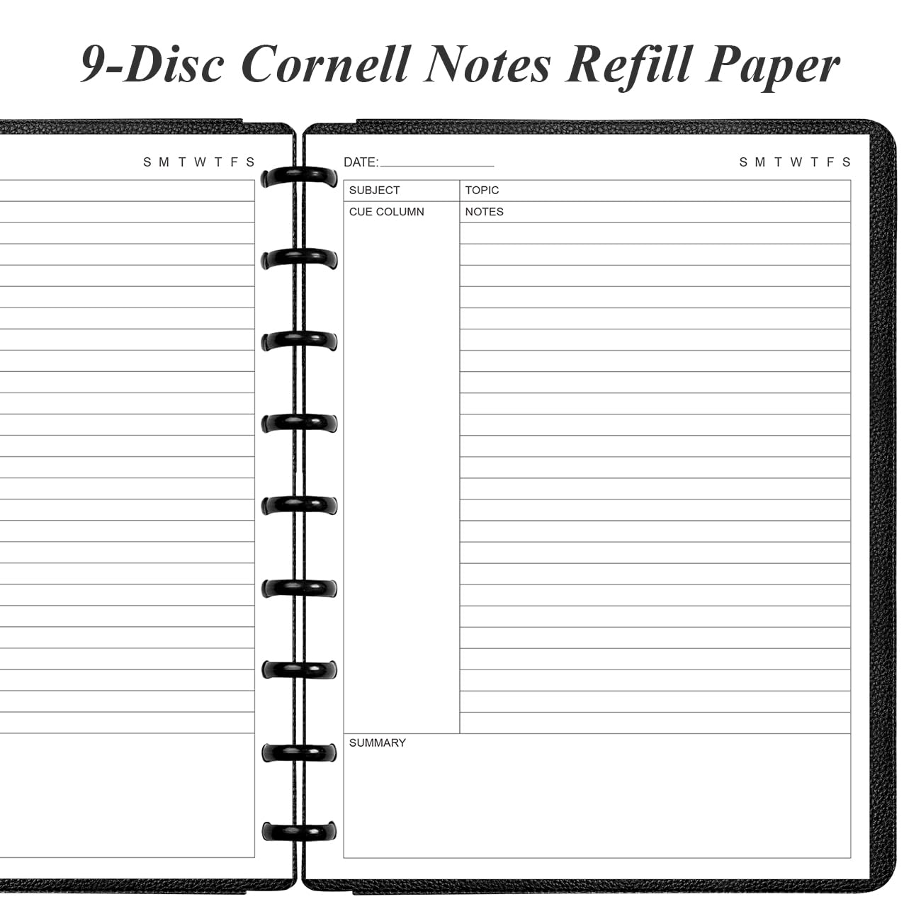 Junior Size Cornell Notes Filler Paper - A5 TUL Custom Note-Taking System 8 Disc Discbound Refill Pages, 50 Sheets/100 Pages, 100 gsm White Paper, 5.8" x 8.3"