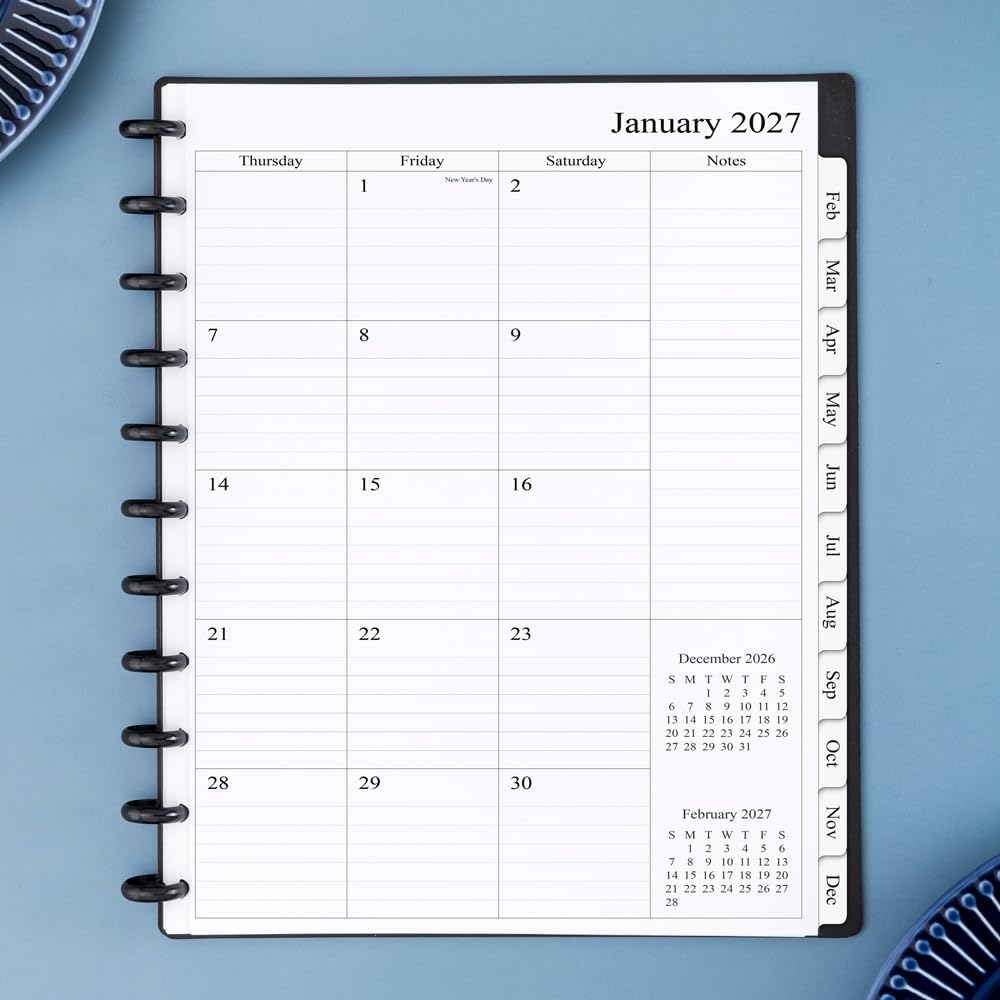 newestor 2026-2027 Monthly Planner Refill for 8-Discbound Notebook, Two Pages Per Month, Aug 2026 to Dec 2027, Junior Size 5-1/2"x8-1/2"