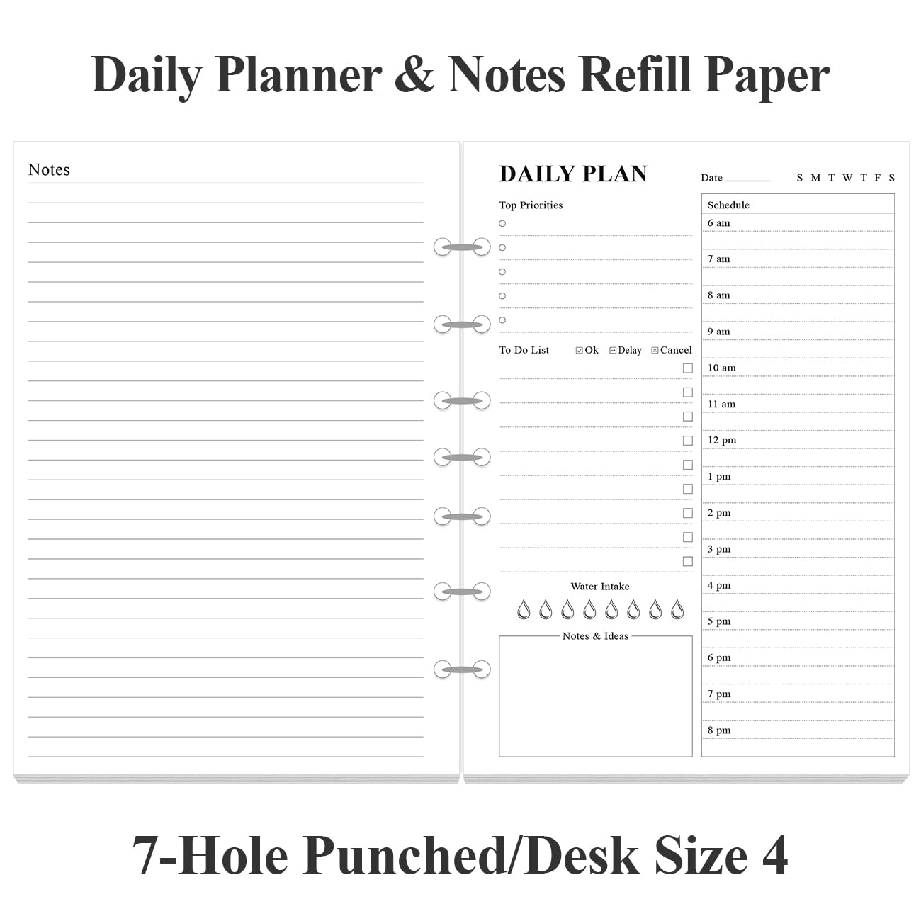 Weekly Planner Undated Refills - Junior Size 53 Sheets/106 Pages Weekly Planner for 8-Disc Discbound, 100 gsm White Paper, Lasts 1 Year, Undated, 5.8" x 8.3", Black