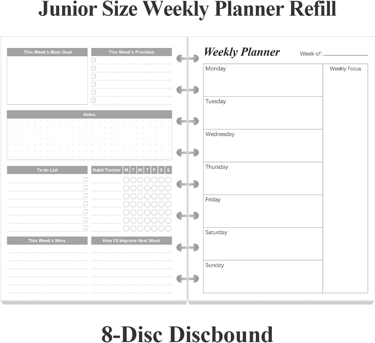 Weekly Planner Undated Refills - Junior Size 53 Sheets/106 Pages Weekly Planner for 8-Disc Discbound, 100 gsm White Paper, Lasts 1 Year, Undated, 5.8" x 8.3", Black