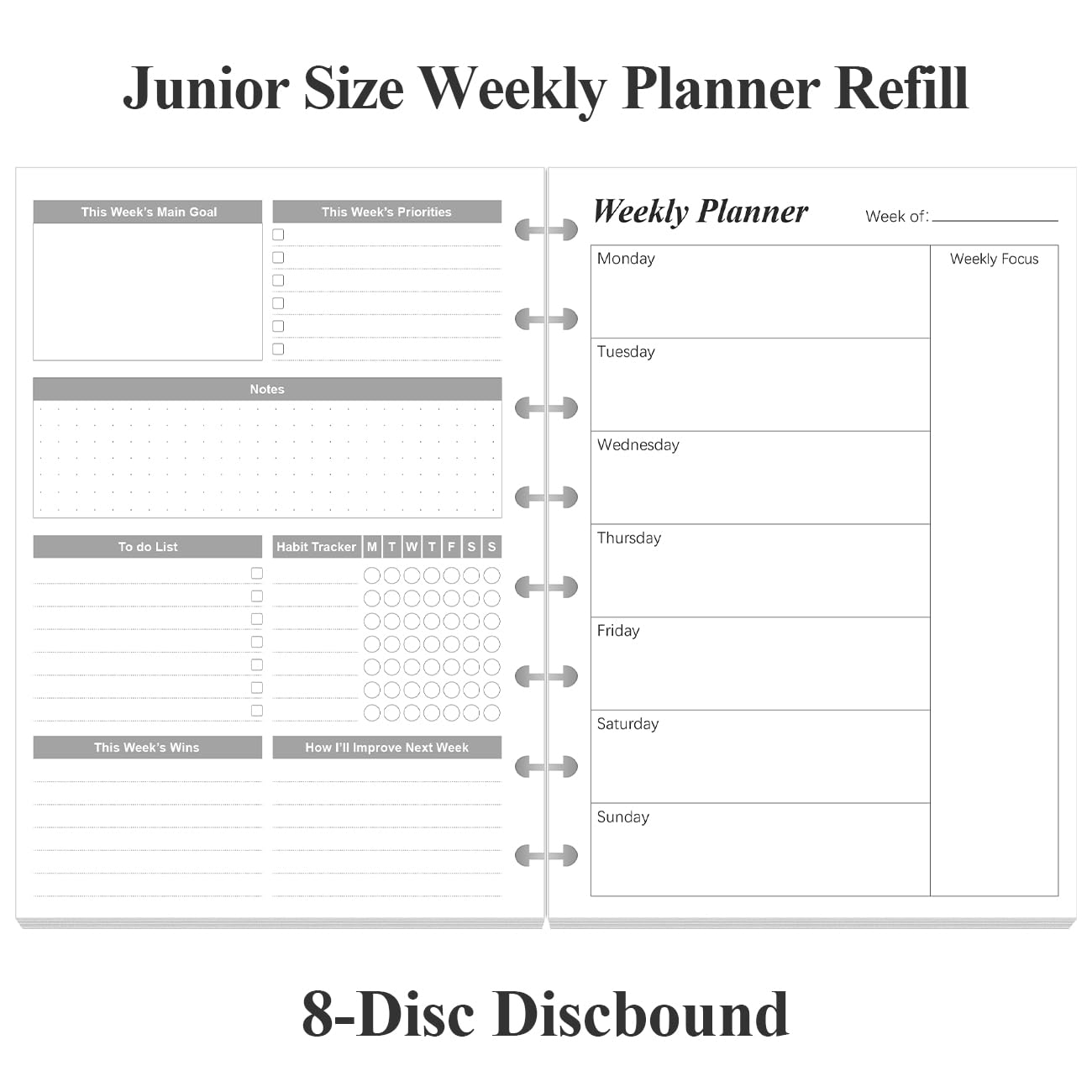 Weekly Planner Undated Refills - Junior Size 53 Sheets/106 Pages Weekly Planner for 8-Disc Discbound, 100 gsm White Paper, Lasts 1 Year, Undated, 5.8" x 8.3", Black