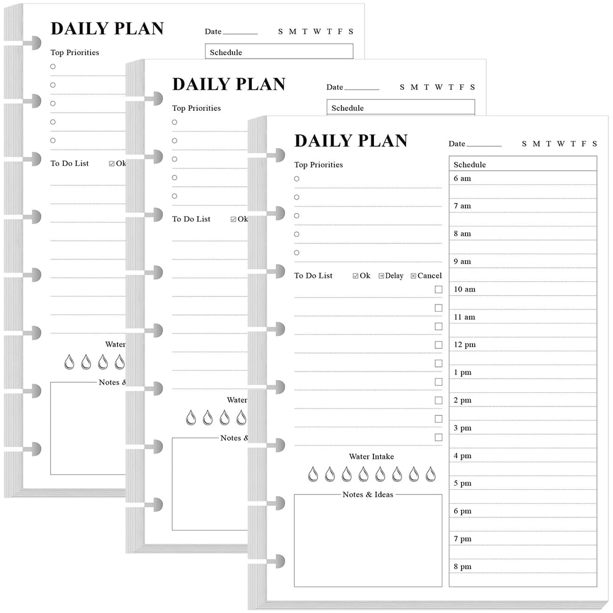Weekly Planner Undated Refills - Junior Size 53 Sheets/106 Pages Weekly Planner for 8-Disc Discbound, 100 gsm White Paper, Lasts 1 Year, Undated, 5.8" x 8.3", Black